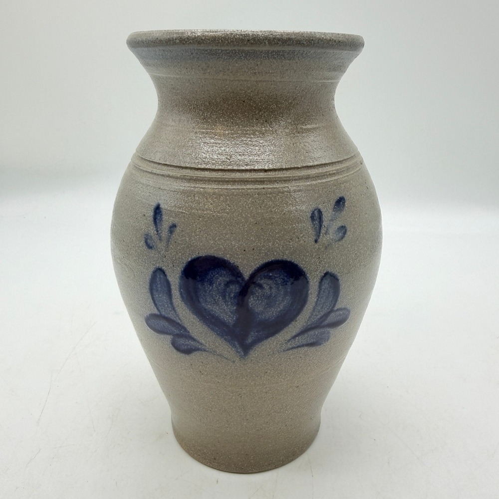 Rowe Pottery Works Salt Glazed Stoneware Blue Heart Vase 2000 6" tall cottgecore